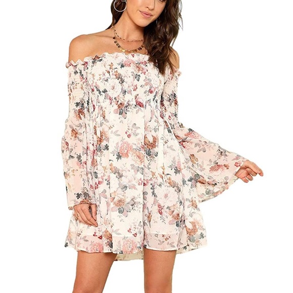Floral Print Off Shoulder Trumpet Sleeve Dress - Picture 2 of 7